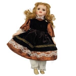 Vintage 1990s Small Porcelain Doll Black Gold Velvet Dress Strawberry Blonde